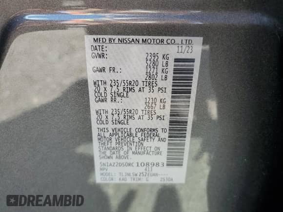 2024 Nissan Murano Platinum with VIN 5N1AZ2DS0RC108983, listed as a Copart auction lot 70046335 with 944 mi miles and Salvage title. Bid and sale history available at DreamBid. Image 13.