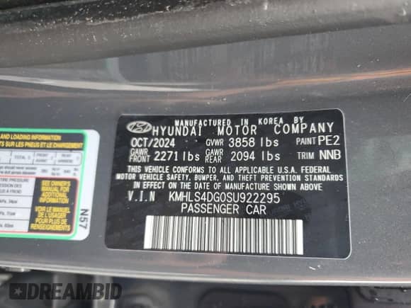 2025 Hyundai Elantra SEL Convenience with VIN KMHLS4DG0SU922295, listed as a Copart auction lot 46161345 with Not provided miles and Non repairable. Bid and sale history available at DreamBid. Image 13.