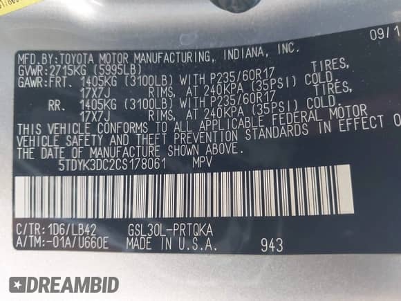 2012 Toyota Sienna XLE AAS with VIN 5TDYK3DC2CS178061, listed as a IAAI auction lot 43229260 with 166,472 mi miles and . Bid and sale history available at DreamBid. Image 9.