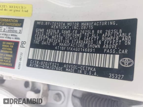 2016 Toyota Camry XLE with VIN 4T1BF1FK4GU146891, listed as a IAAI auction lot 43075644 with 97,907 mi miles and . Bid and sale history available at DreamBid. Image 9.