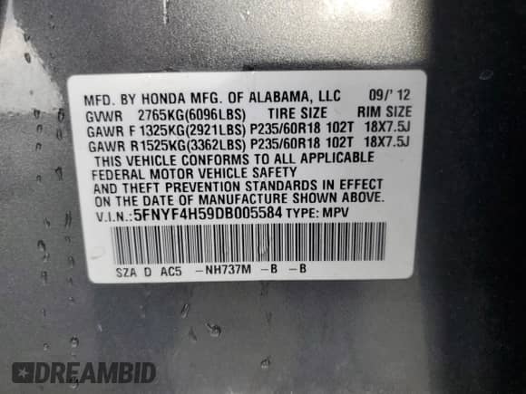 2013 Honda Pilot EX-L with VIN 5FNYF4H59DB005584, listed as a Copart auction lot 83996735 with 220,601 mi miles and Salvage title. Bid and sale history available at DreamBid. Image 13.
