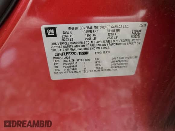 2013 Chevrolet Equinox LT with VIN 2GNFLPE32D6189901, listed as a Copart auction lot 56494155 with 206,485 mi miles and Clean title. Bid and sale history available at DreamBid. Image 13.