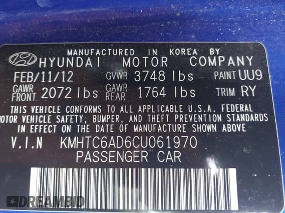 2012 Hyundai Veloster w/Black Int z VIN KMHTC6AD6CU061970, wystawiony jako IAAI lot #43539180 z przebiegiem 108 734 mil mil oraz . Historia ofert i sprzedaży dostępna na DreamBid. Obrazek 9.