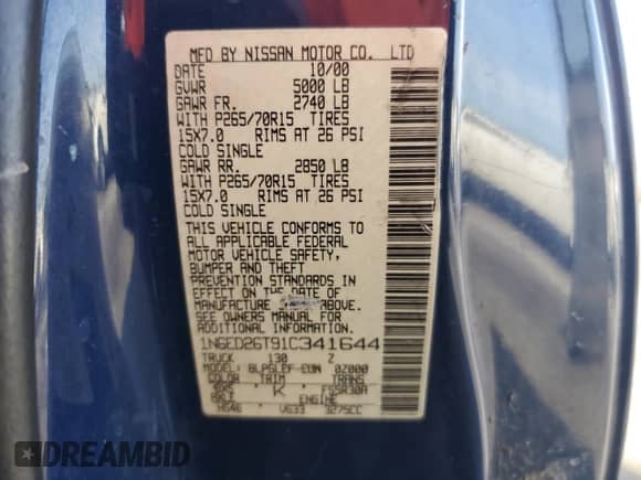 2001 Nissan Frontier SE Desert Runner z VIN 1N6ED26T91C341644, wystawiony jako Copart lot #44858905 z przebiegiem Nie podano mil oraz Szkoda całkowita • Salvage title. Historia ofert i sprzedaży dostępna na DreamBid. Obrazek 12.