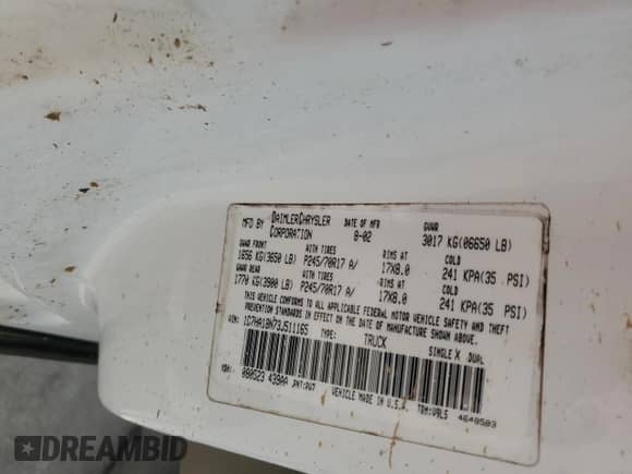 2003 Dodge 1500 ST with VIN 1D7HA18N73J511165, listed as a Copart auction lot 68720355 with 229,480 mi miles and Salvage title. Bid and sale history available at DreamBid. Image 12.