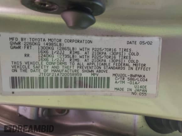 2002 Toyota Highlander Limited with VIN JTEGF21A720058959, listed as a IAAI auction lot 43420808 with Not provided miles and . Bid and sale history available at DreamBid. Image 9.