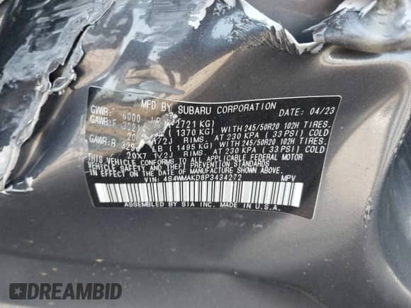 2023 Subaru Ascent Onyx Limited с VIN 4S4WMAKD8P3434272, выставлен на аукционе IAAI как лот 42066309 с пробегом 32 032 миль миль и . История ставок и продаж доступна на DreamBid. Изображение 9.