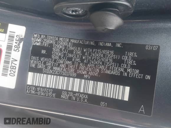 2007 Toyota Sienna CE z VIN 5TDZK23C77S037699, wystawiony jako IAAI lot #43559674 z przebiegiem 144 572 mil mil oraz . Historia ofert i sprzedaży dostępna na DreamBid. Obrazek 9.