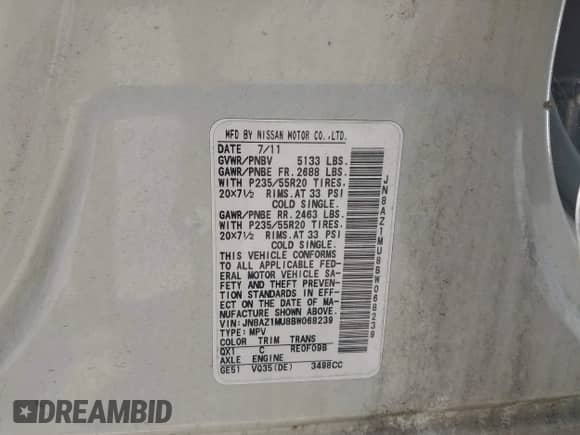 2011 Nissan Murano LE with VIN JN8AZ1MU8BW068239, listed as a IAAI auction lot 42658779 with 121,433 mi miles and . Bid and sale history available at DreamBid. Image 9.