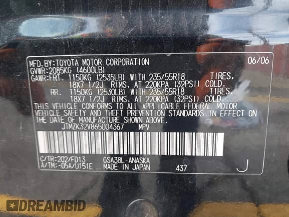2006 Toyota RAV4 Sport with VIN JTMZK32V865004367, listed as a IAAI auction lot 43260833 with 265,419 mi miles and . Bid and sale history available at DreamBid. Image 9.