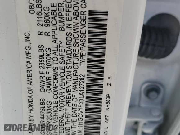 2020 Honda Accord Sport с VIN 1HGCV1F33LA127282, выставлен на аукционе Copart как лот 69955775 с пробегом 61 784 миль миль и Списание • Salvage title. История ставок и продаж доступна на DreamBid. Изображение 12.