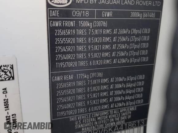 2019 Land Rover Range Rover Sport HSE with VIN SALWR2RV6KA418613, listed as a Copart auction lot 67811675 with 109,413 mi miles and Salvage title. Bid and sale history available at DreamBid. Image 14.