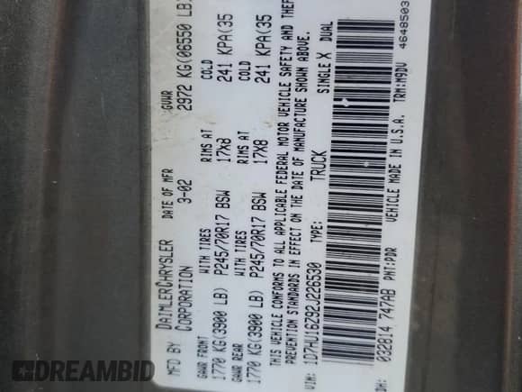 2002 Dodge 1500 z VIN 1D7HU16Z92J226530, wystawiony jako Copart lot #75482124 z przebiegiem Nie podano mil oraz Szkoda całkowita • Salvage title. Historia ofert i sprzedaży dostępna na DreamBid. Obrazek 12.