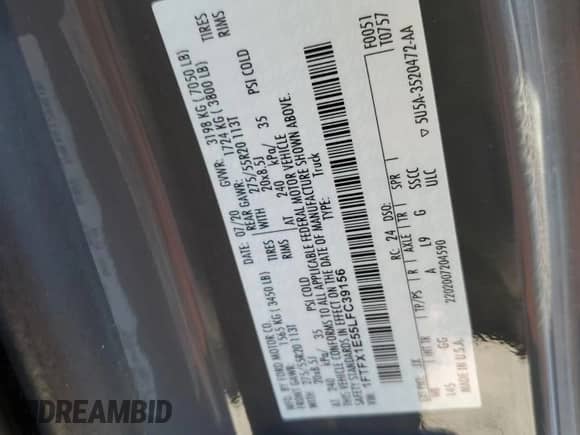 2020 Ford F-150 XL с VIN 1FTFX1E55LFC39156, выставлен на аукционе Copart как лот 83817565 с пробегом 72 012 миль миль и На запчасти • Non repairable. История ставок и продаж доступна на DreamBid. Изображение 12.