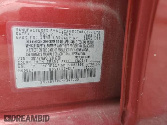 2017 Nissan Sentra SV with VIN 3N1AB7AP0HY341700, listed as a Copart auction lot 81240825 with 67,473 mi miles and Salvage title. Bid and sale history available at DreamBid. Image 12.