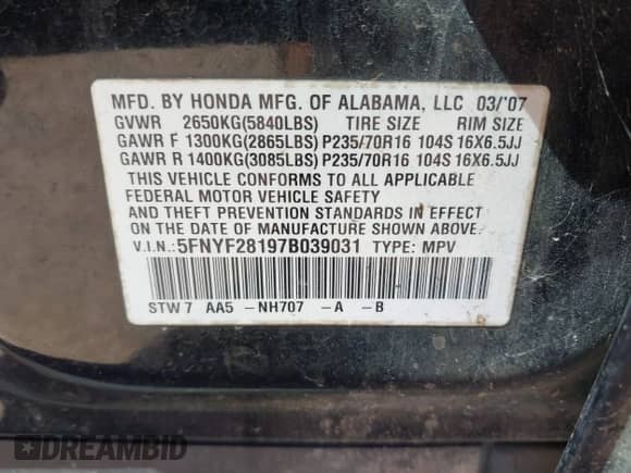 2007 Honda Pilot LX с VIN 5FNYF28197B039031, выставлен на аукционе IAAI как лот 43419346 с пробегом 214 695 миль миль и . История ставок и продаж доступна на DreamBid. Изображение 9.