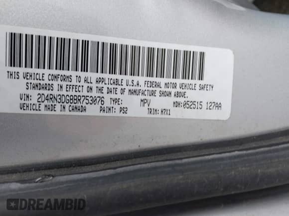 2011 Dodge Grand Caravan Mainstreet with VIN 2D4RN3DG8BR753076, listed as a IAAI auction lot 42034554 with 121,959 mi miles and . Bid and sale history available at DreamBid. Image 9.