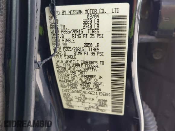 2004 Nissan Frontier XE с VIN 1N6ED29X24C421886, выставлен на аукционе IAAI как лот 42366824 с пробегом 184 941 миль миль и . История ставок и продаж доступна на DreamBid. Изображение 9.