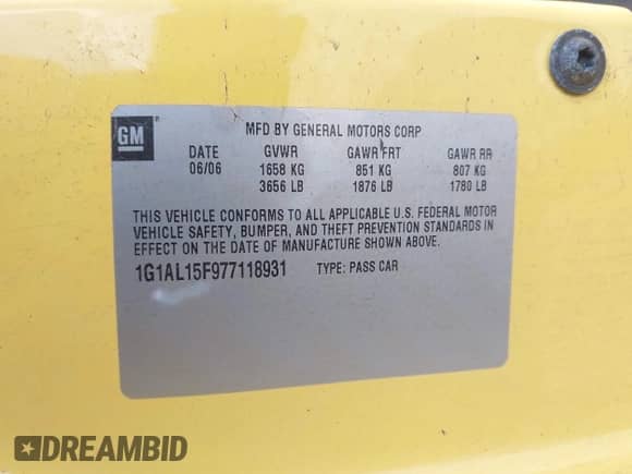 2007 Chevrolet Cobalt LT with VIN 1G1AL15F977118931, listed as a IAAI auction lot 42910649 with 243,241 mi miles and . Bid and sale history available at DreamBid. Image 9.