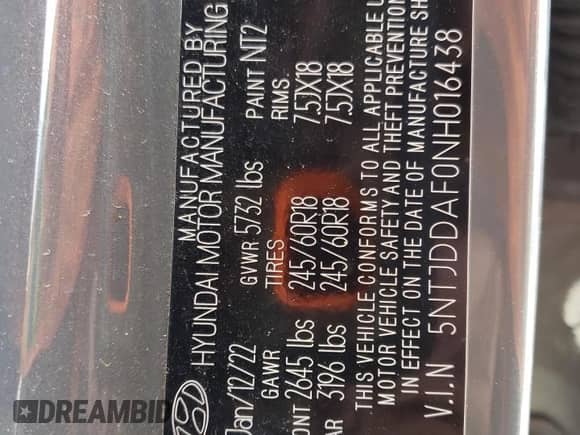 2022 Hyundai Santa Cruz SEL Premium с VIN 5NTJDDAF0NH016438, выставлен на аукционе Copart как лот 73158354 с пробегом 46 271 миль миль и Списание • Salvage title. История ставок и продаж доступна на DreamBid. Изображение 12.