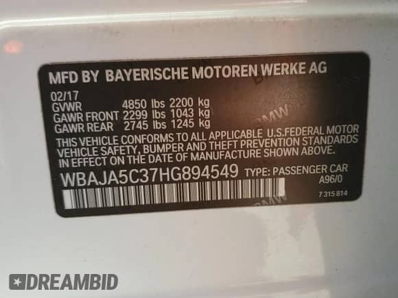 2017 BMW 5 Series 530i with VIN WBAJA5C37HG894549, listed as a Copart auction lot 67930305 with 90,372 mi miles and Salvage title. Bid and sale history available at DreamBid. Image 12.