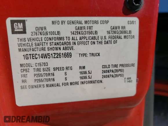 2001 GMC Sierra 1500 SL with VIN 1GTEC14W51Z261669, listed as a Copart auction lot 49063965 with Not provided miles and Salvage title. Bid and sale history available at DreamBid. Image 12.