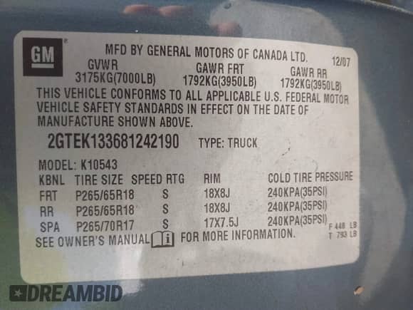 2008 GMC Sierra 1500 Work Truck with VIN 2GTEK133681242190, listed as a IAAI auction lot 41784934 with 394,088 mi miles and . Bid and sale history available at DreamBid. Image 9.
