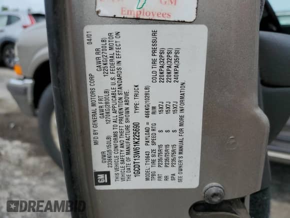 2001 Chevrolet S-10 LS with VIN 1GCDT13W61K225690, listed as a Copart auction lot 58546865 with 176,558 mi miles and Clean title. Bid and sale history available at DreamBid. Image 13.