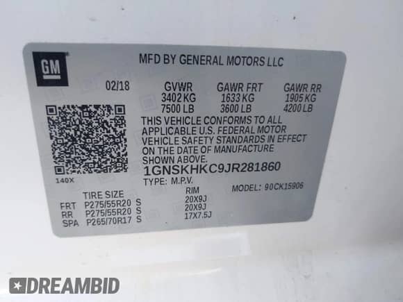 2018 Chevrolet Suburban LT с VIN 1GNSKHKC9JR281860, выставлен на аукционе IAAI как лот 42095234 с пробегом 82 563 миль миль и . История ставок и продаж доступна на DreamBid. Изображение 9.