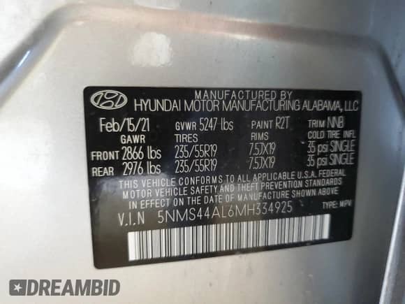 2021 Hyundai Santa Fe Limited с VIN 5NMS44AL6MH334925, выставлен на аукционе Copart как лот 59127725 с пробегом 77 949 миль миль и Списание • Salvage title. История ставок и продаж доступна на DreamBid. Изображение 14.