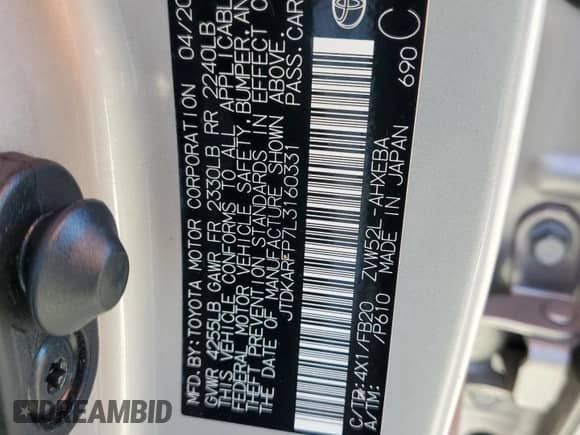 2020 Toyota Prius LE с VIN JTDKARFP7L3160331, выставлен на аукционе Copart как лот 90315935 с пробегом 38 333 миль миль и Списание • Salvage title. История ставок и продаж доступна на DreamBid. Изображение 12.