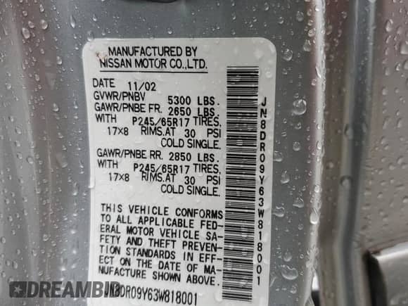 2003 Nissan Pathfinder LE with VIN JN8DR09Y63W818001, listed as a Copart auction lot 68398835 with Not provided miles and Salvage title. Bid and sale history available at DreamBid. Image 14.