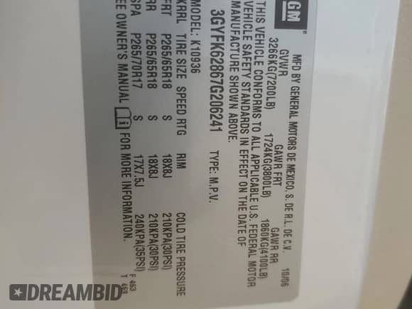 2007 Cadillac Escalade EXT with VIN 3GYFK62867G206241, listed as a Copart auction lot 61821425 with 164,540 mi miles and Salvage title. Bid and sale history available at DreamBid. Image 12.