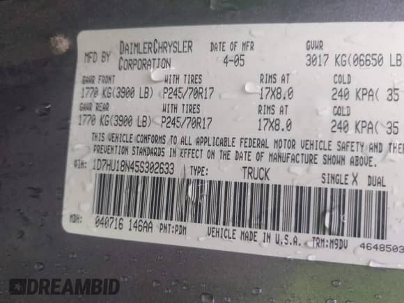 2005 Dodge 1500 SLT with VIN 1D7HU18N45S302633, listed as a IAAI auction lot 42430792 with 301,646 mi miles and . Bid and sale history available at DreamBid. Image 9.
