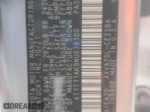 2022 Toyota Camry SE z VIN 4T1T11AK9NU638100, wystawiony jako Copart lot #86162685 z przebiegiem 73 268 mil mil oraz Szkoda całkowita • Salvage title. Historia ofert i sprzedaży dostępna na DreamBid. Obrazek 13.