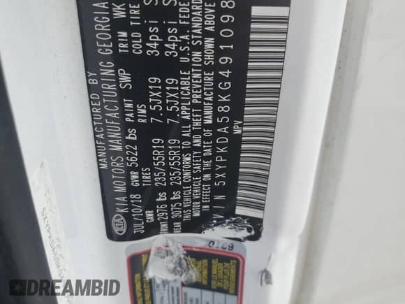 2019 Kia Sorento SX Limited with VIN 5XYPKDA58KG491098, listed as a Copart auction lot 59878905 with 49,081 mi miles and Salvage title. Bid and sale history available at DreamBid. Image 12.