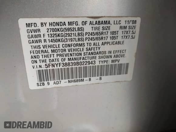 2009 Honda Pilot Touring with VIN 5FNYF38839B022943, listed as a IAAI auction lot 42443006 with 199,184 mi miles and . Bid and sale history available at DreamBid. Image 9.