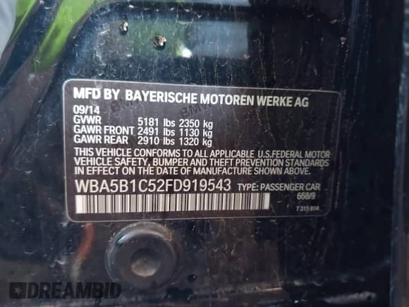 2015 BMW 5 Series 535i с VIN WBA5B1C52FD919543, выставлен на аукционе IAAI как лот 43326517 с пробегом 127 099 миль миль и . История ставок и продаж доступна на DreamBid. Изображение 9.