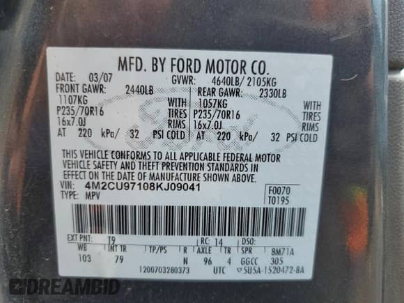 2008 Mercury Mariner Premier with VIN 4M2CU97108KJ09041, listed as a Copart auction lot 66354665 with 96,326 mi miles and Salvage title. Bid and sale history available at DreamBid. Image 13.