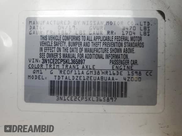 2019 Nissan Note SV с VIN 3N1CE2CP5KL365897, выставлен на аукционе Copart как лот 82319215 с пробегом 65 270 миль миль и На запчасти • Non repairable. История ставок и продаж доступна на DreamBid. Изображение 13.