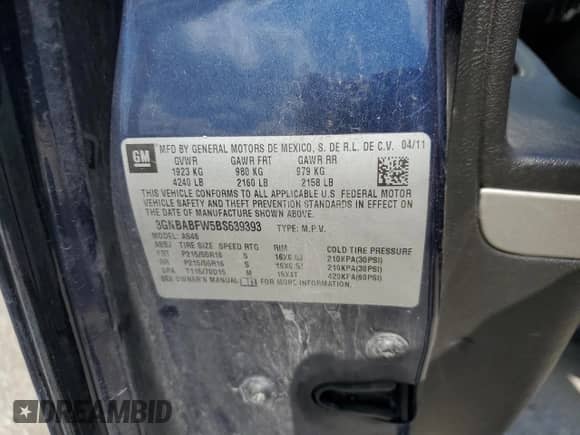 2011 Chevrolet HHR 1LT с VIN 3GNBABFW5BS639393, выставлен на аукционе Copart как лот 68381335 с пробегом 153 998 миль миль и Списание • Salvage title. История ставок и продаж доступна на DreamBid. Изображение 12.