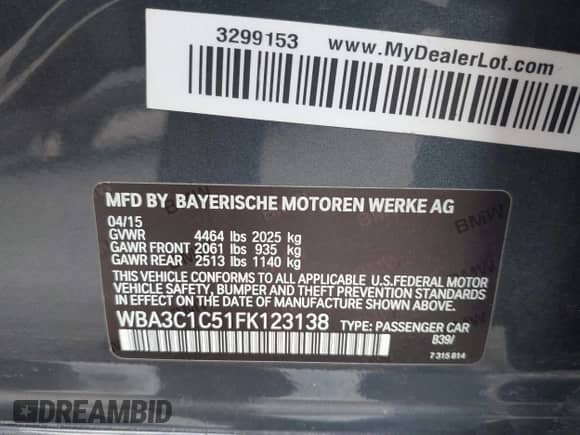 2015 BMW 3 Series 328i z VIN WBA3C1C51FK123138, wystawiony jako IAAI lot #43260210 z przebiegiem 128 848 mil mil oraz . Historia ofert i sprzedaży dostępna na DreamBid. Obrazek 9.