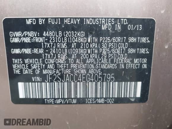 2014 Subaru Forester Premium with VIN JF2SJACC4EG405795, listed as a IAAI auction lot 42762451 with 267,393 mi miles and . Bid and sale history available at DreamBid. Image 9.