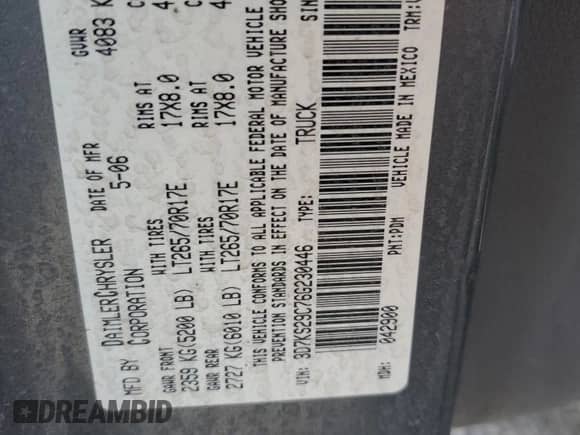 2006 Dodge 2500 SLT with VIN 3D7KS29C76G230446, listed as a Copart auction lot 59377155 with 291,075 mi miles and Salvage title. Bid and sale history available at DreamBid. Image 12.