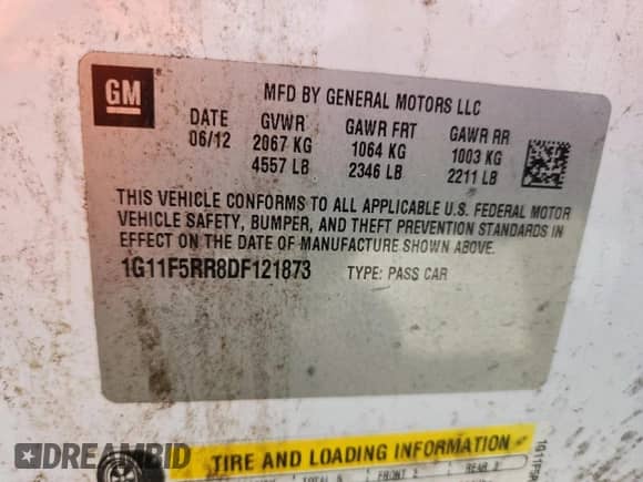 2013 Chevrolet Malibu Eco with VIN 1G11F5RR8DF121873, listed as a Copart auction lot 64127595 with 221,220 mi miles and Salvage title. Bid and sale history available at DreamBid. Image 12.