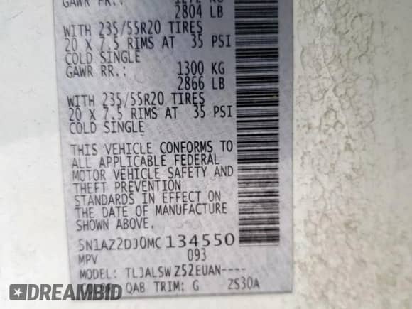 2021 Nissan Murano Platinum with VIN 5N1AZ2DJ0MC134550, listed as a Copart auction lot 59404185 with 54,686 mi miles and Clean title. Bid and sale history available at DreamBid. Image 13.