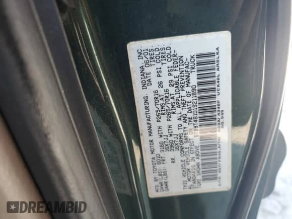 2001 Toyota Tundra Limited z VIN 5TBBT48101S211890, wystawiony jako Copart lot #69516035 z przebiegiem 97 003 mil mil oraz Czysty tytuł • Clean title. Historia ofert i sprzedaży dostępna na DreamBid. Obrazek 12.