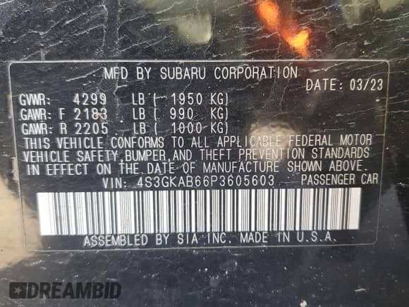 2023 Subaru Impreza с VIN 4S3GKAB66P3605603, выставлен на аукционе Copart как лот 46396485 с пробегом 20 692 миль миль и Списание • Salvage title. История ставок и продаж доступна на DreamBid. Изображение 12.