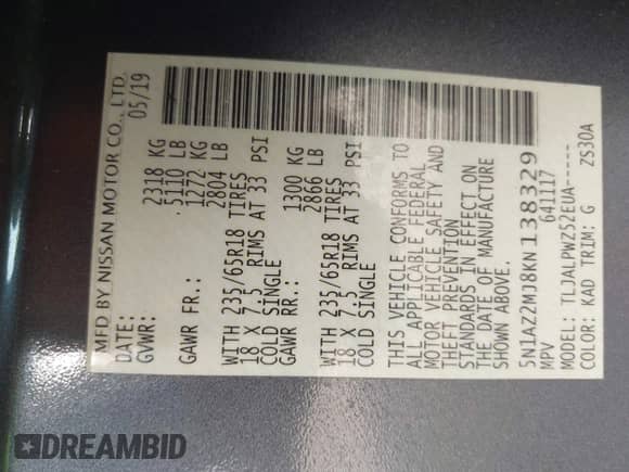 2019 Nissan Murano SL with VIN 5N1AZ2MJ8KN138329, listed as a IAAI auction lot 42838227 with 181,448 mi miles and . Bid and sale history available at DreamBid. Image 9.