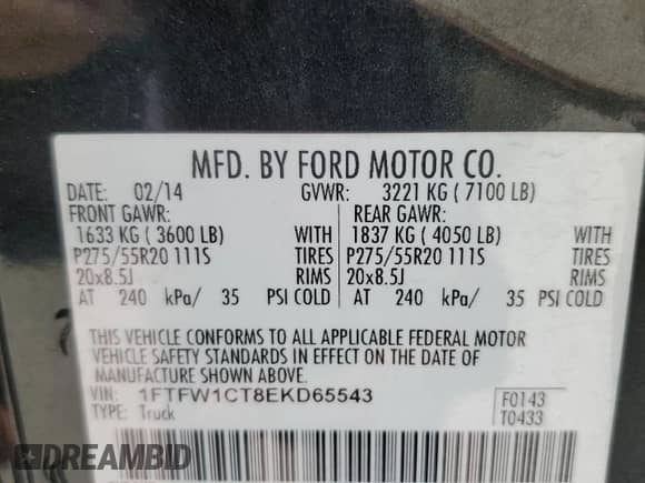 2014 Ford F-150 XL с VIN 1FTFW1CT8EKD65543, выставлен на аукционе Copart как лот 89576195 с пробегом 157 850 миль миль и Чистый • Clean title. История ставок и продаж доступна на DreamBid. Изображение 12.